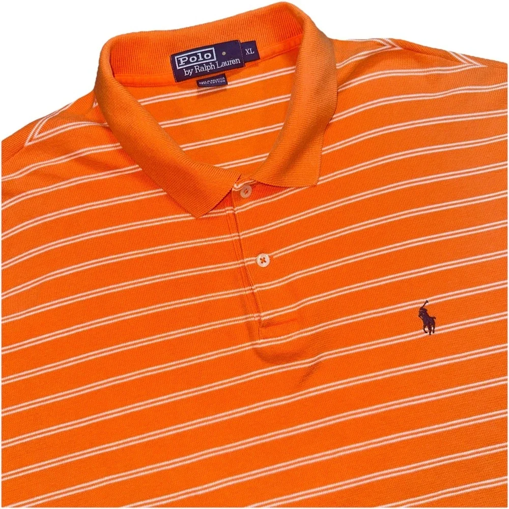 Polo Ralph Lauren Mens Polo Shirt Orange Striped Short Sleeve Casual Top Sz XL